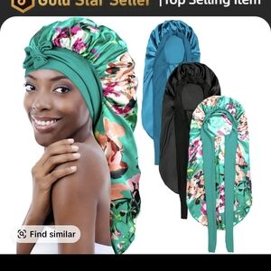 Floral Satin Hair Bonnet - Green and Black